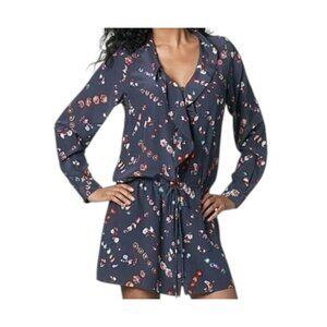 Rebecca Taylor Floral 100% Silk Ruffles Long Sleeve Shirt Dress in Navy Size 4